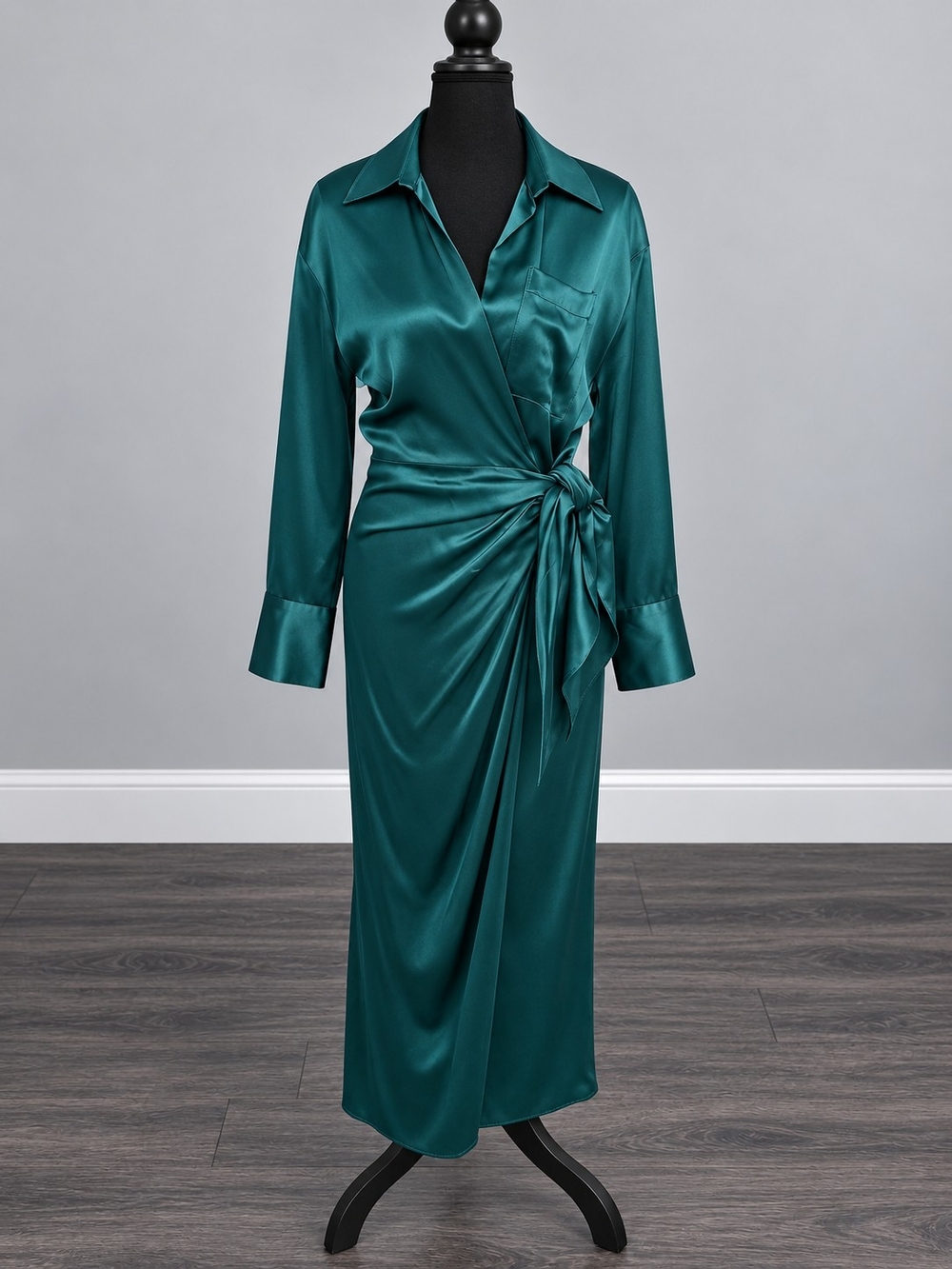 Zara Dark Green Satin Wrap Long-Sleeve Dress